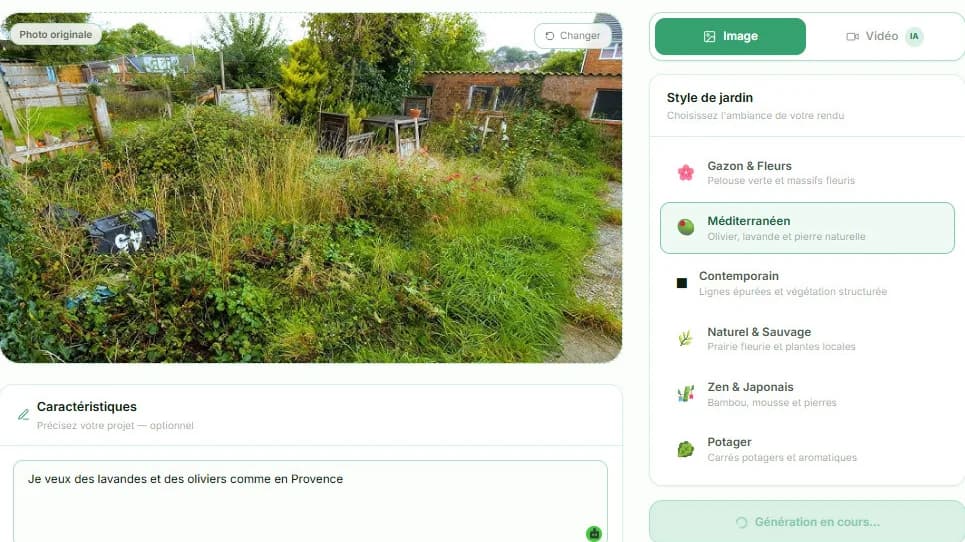 Interface d'un logiciel paysagiste IA, avec la photo d'un jardin en friche et le choix du style méditerranéen