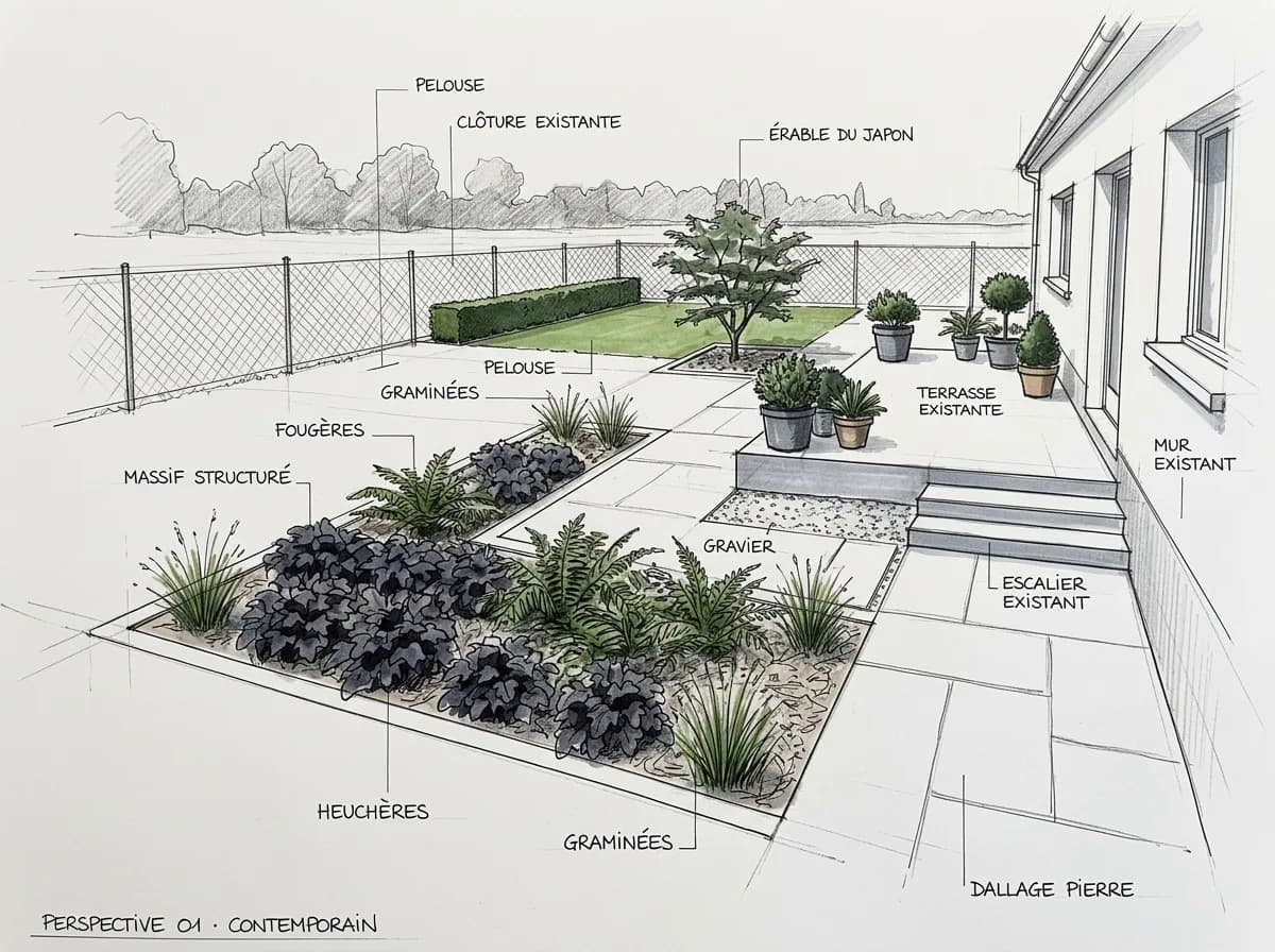 Croquis annoté d'un jardin contemporain, avec les massifs, le dallage et l'escalier existant légendés en français