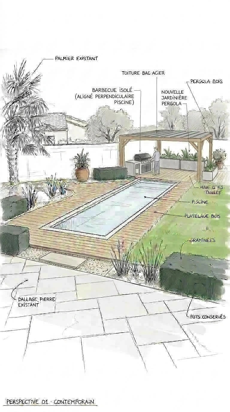 Croquis annoté du projet : piscine, pergola bois, barbecue et platelage, chaque élément légendé en français
