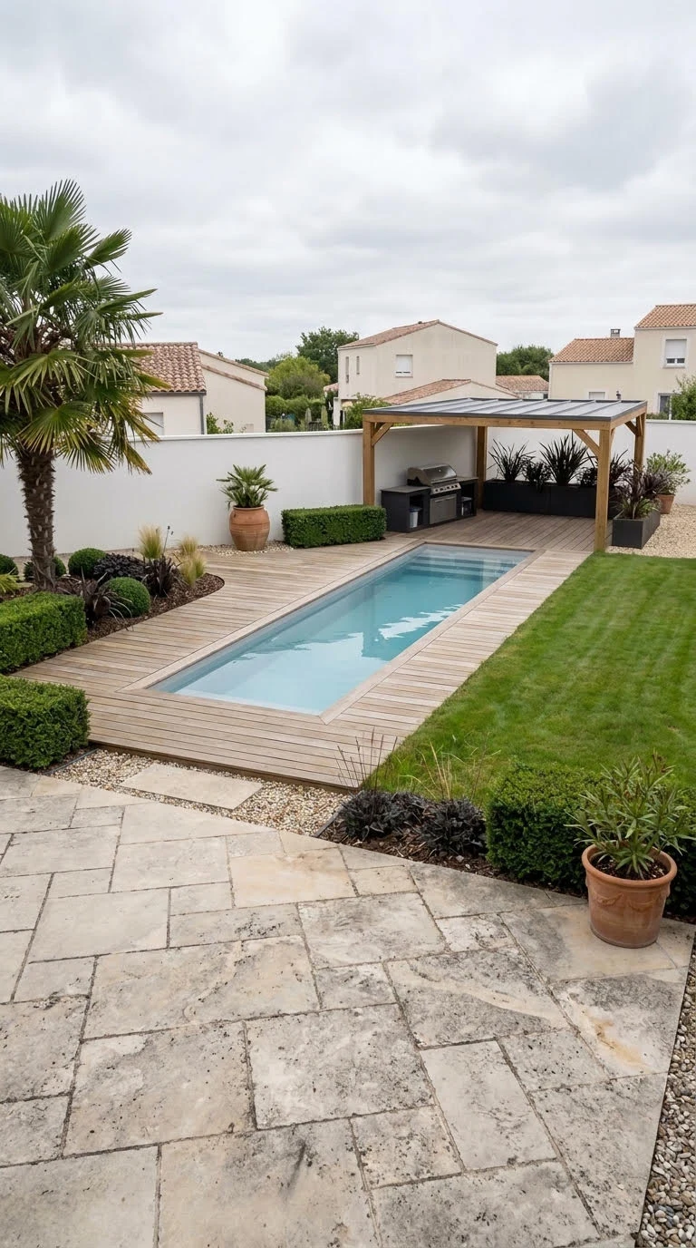 Rendu photoréaliste du jardin terminé : piscine, pergola en bois, terrasse et massifs taillés