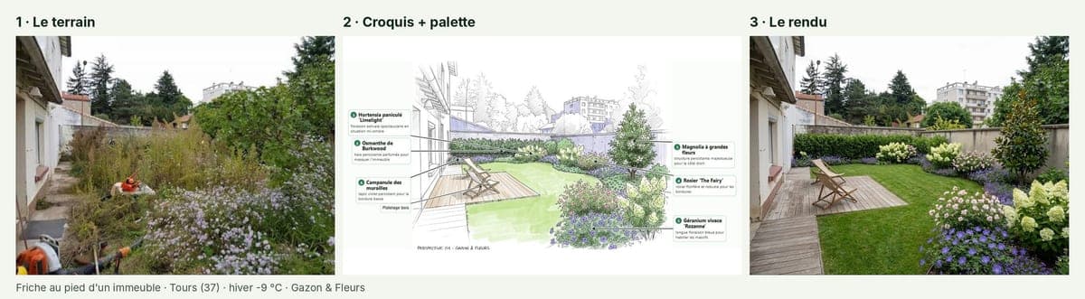 Friche au pied d'un immeuble à Tours : terrain, croquis et rendu joints au devis