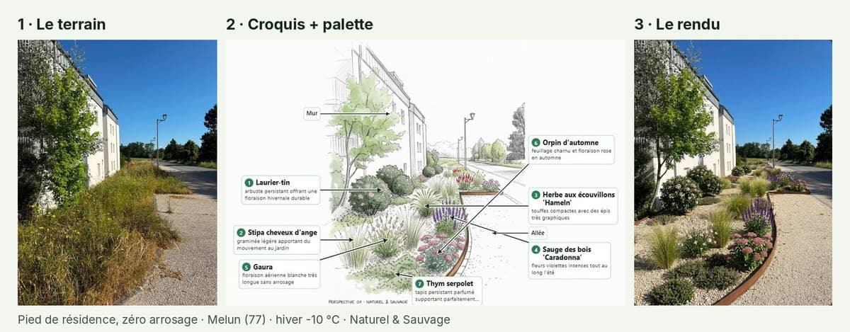 Jardin sans arrosage au pied d'une résidence à Melun : terrain, croquis et rendu