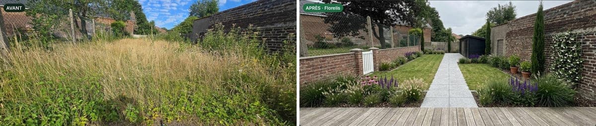 Friche entre deux murs de briques à Lille, avant et après le projet conçu avec Florelis
