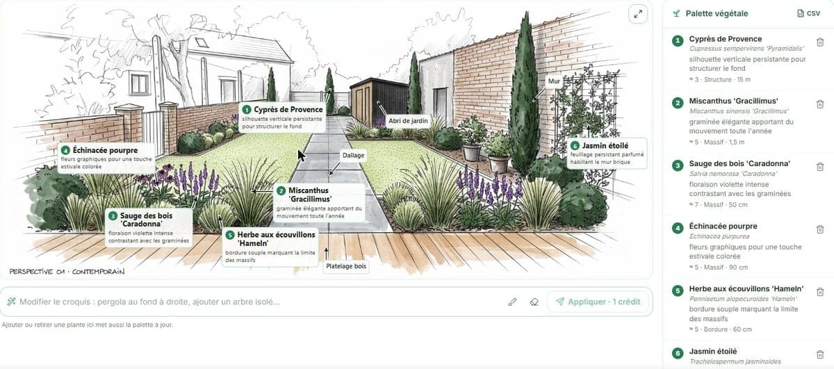 Croquis annoté d'un jardin contemporain à Lille et sa palette végétale avec noms latins et quantités