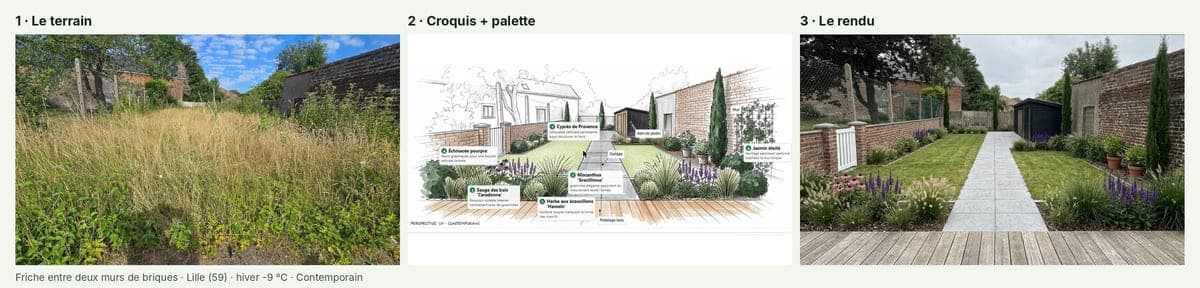 Simulation d'un jardin à Lille : photo du terrain, croquis annoté et rendu photo réaliste